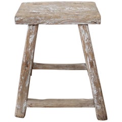 Vintage Elm Wood Stool Raw Natural Wood Finish with Worn Paint