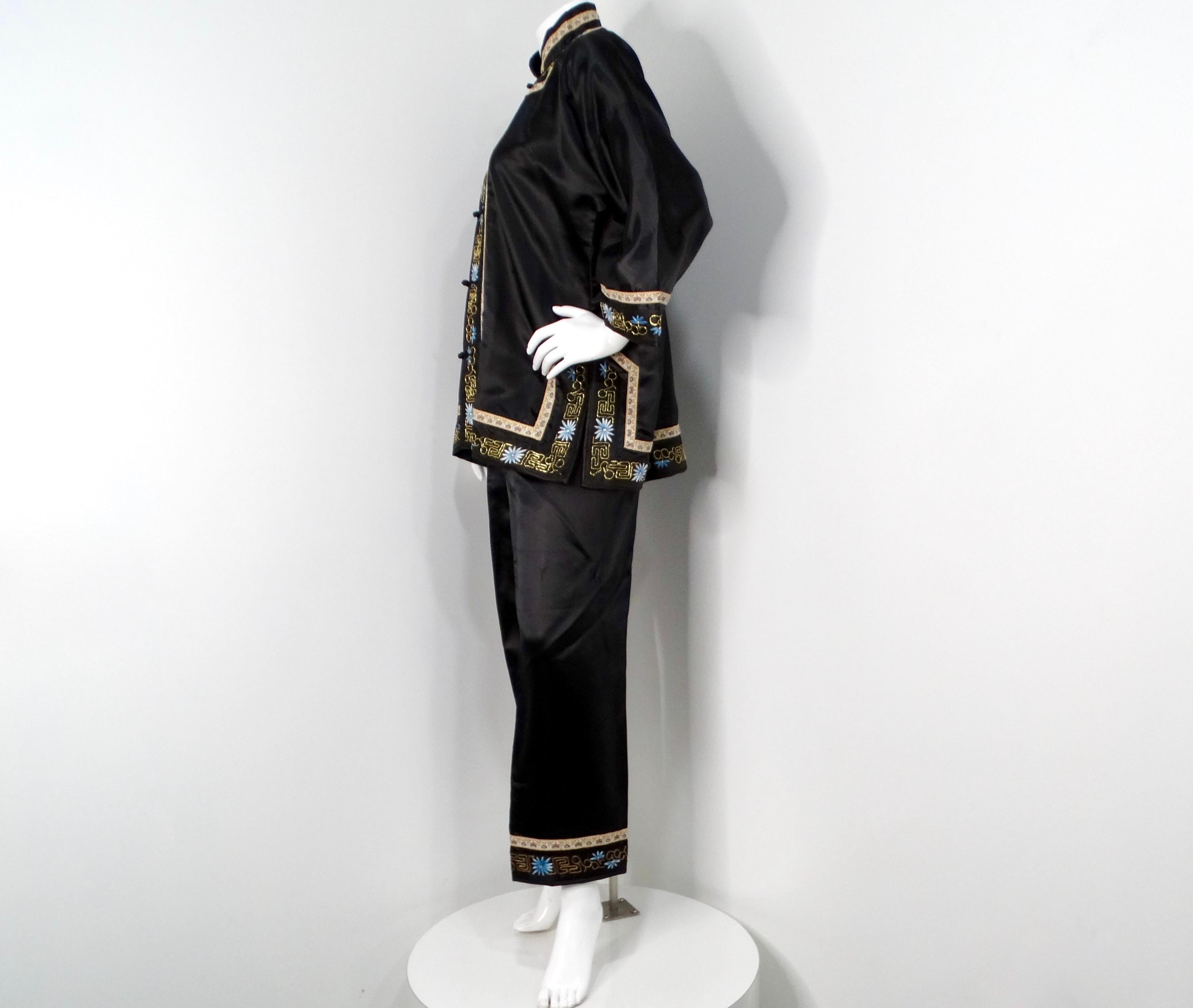 Vintage Chinese Embroidered Black Silk Jacket & Pant Set In Good Condition In Scottsdale, AZ