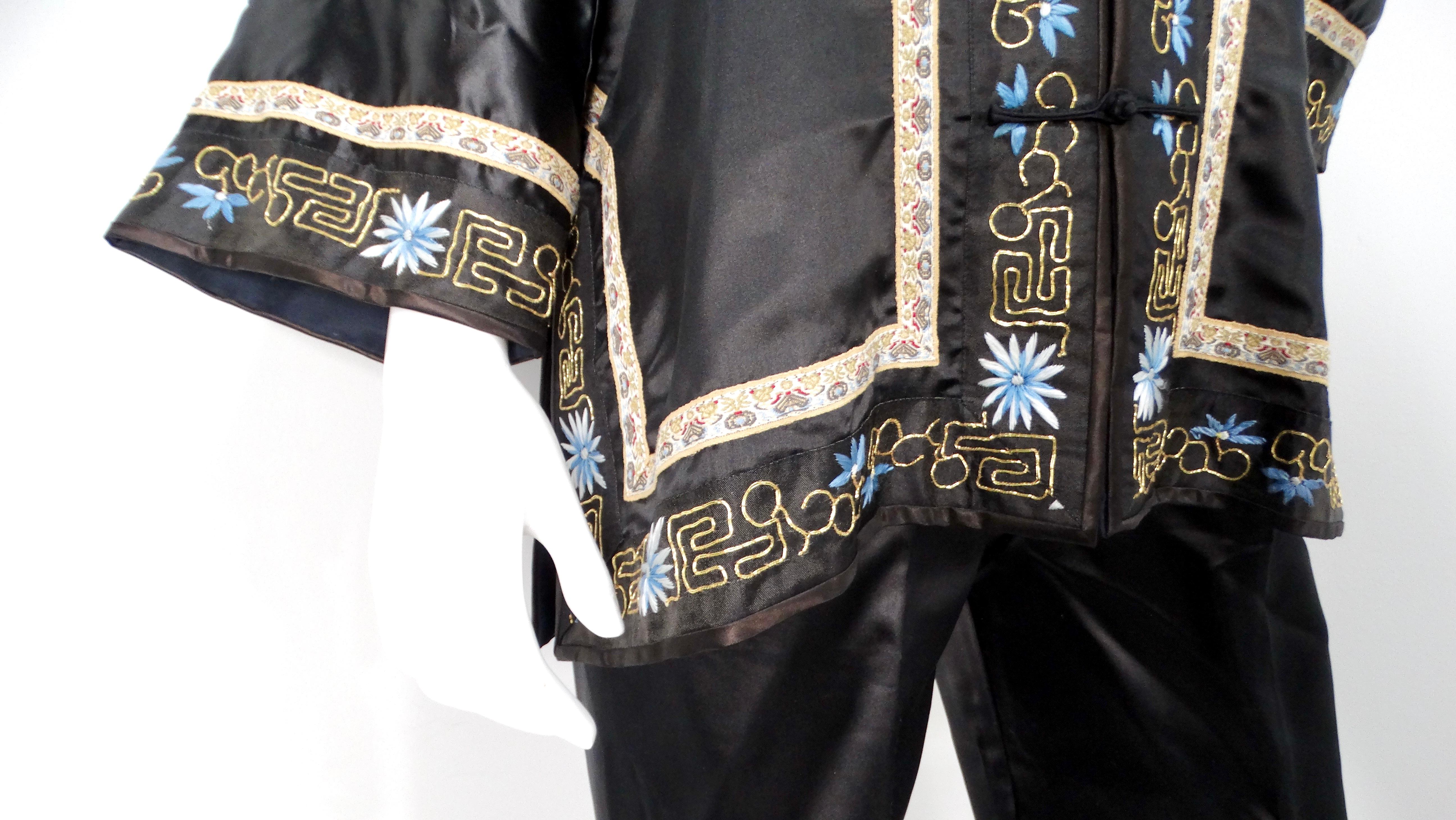 Women's Vintage Chinese Embroidered Black Silk Jacket & Pant Set