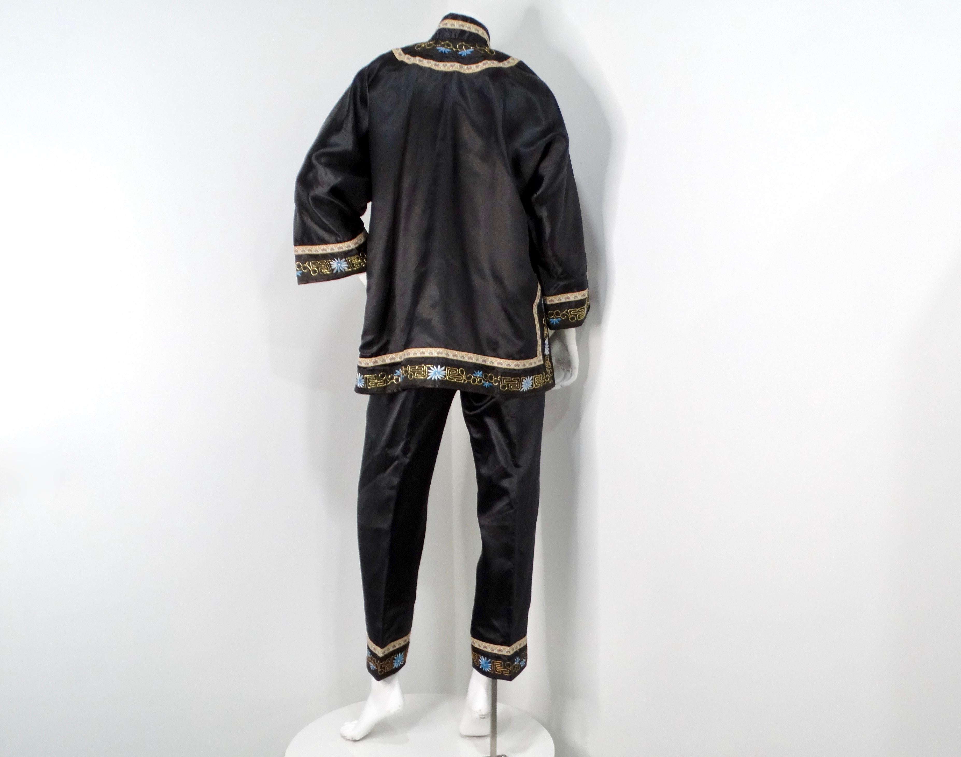 Vintage Chinese Embroidered Black Silk Jacket & Pant Set 1