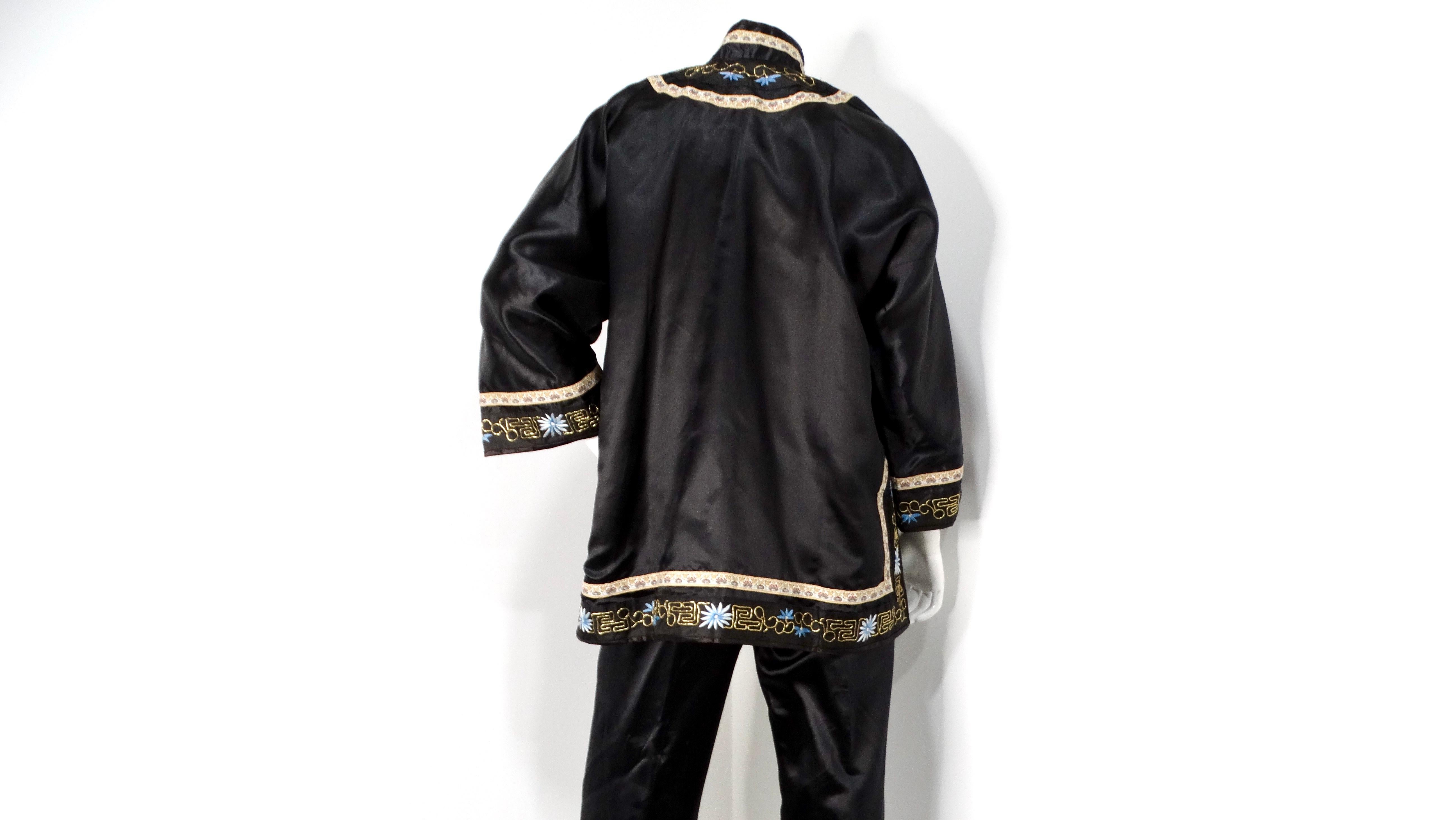 Vintage Chinese Embroidered Black Silk Jacket & Pant Set 2