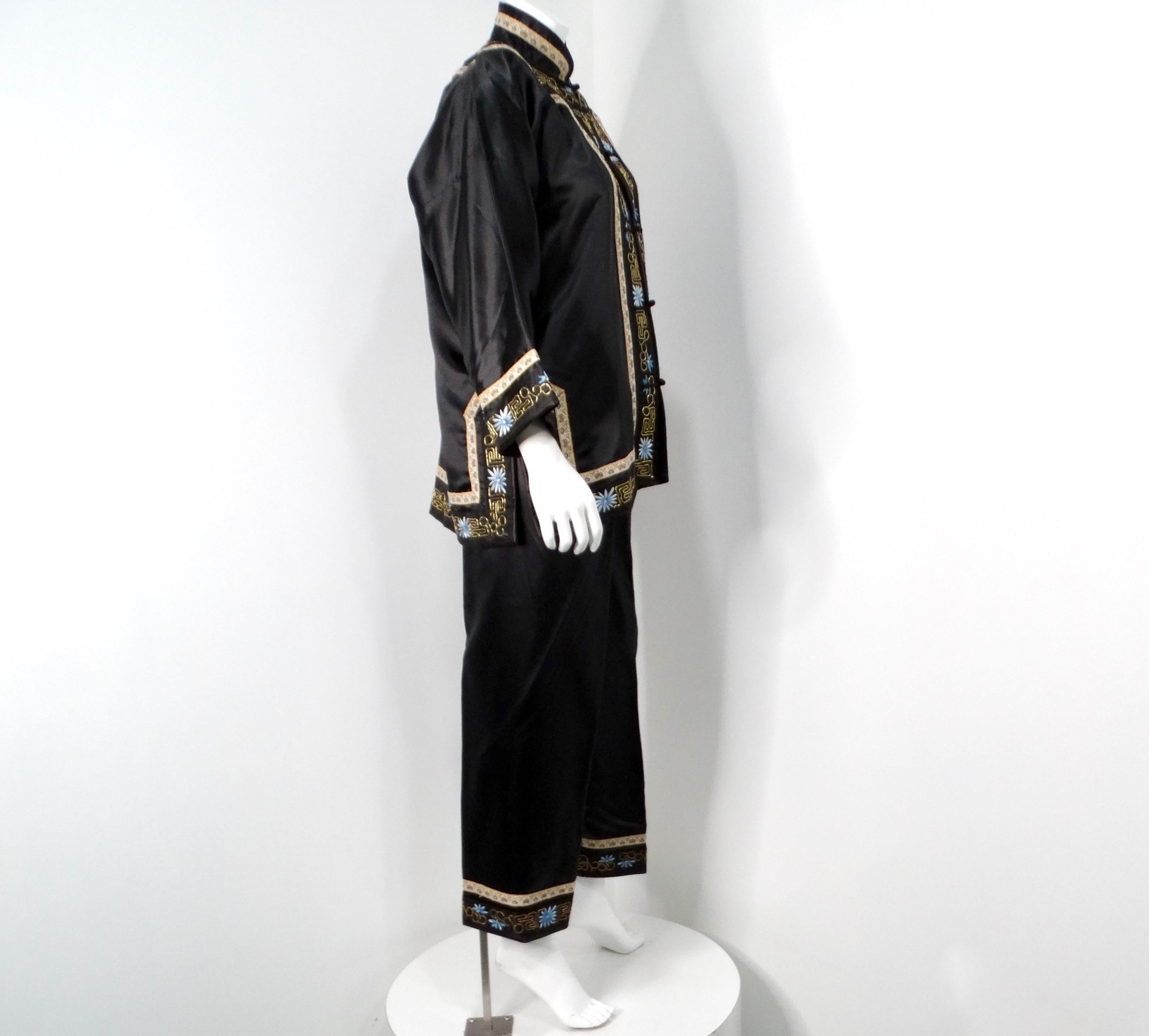 Vintage Chinese Embroidered Black Silk Jacket & Pant Set 4
