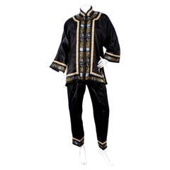 Vintage Chinese Embroidered Black Silk Jacket & Pant Set