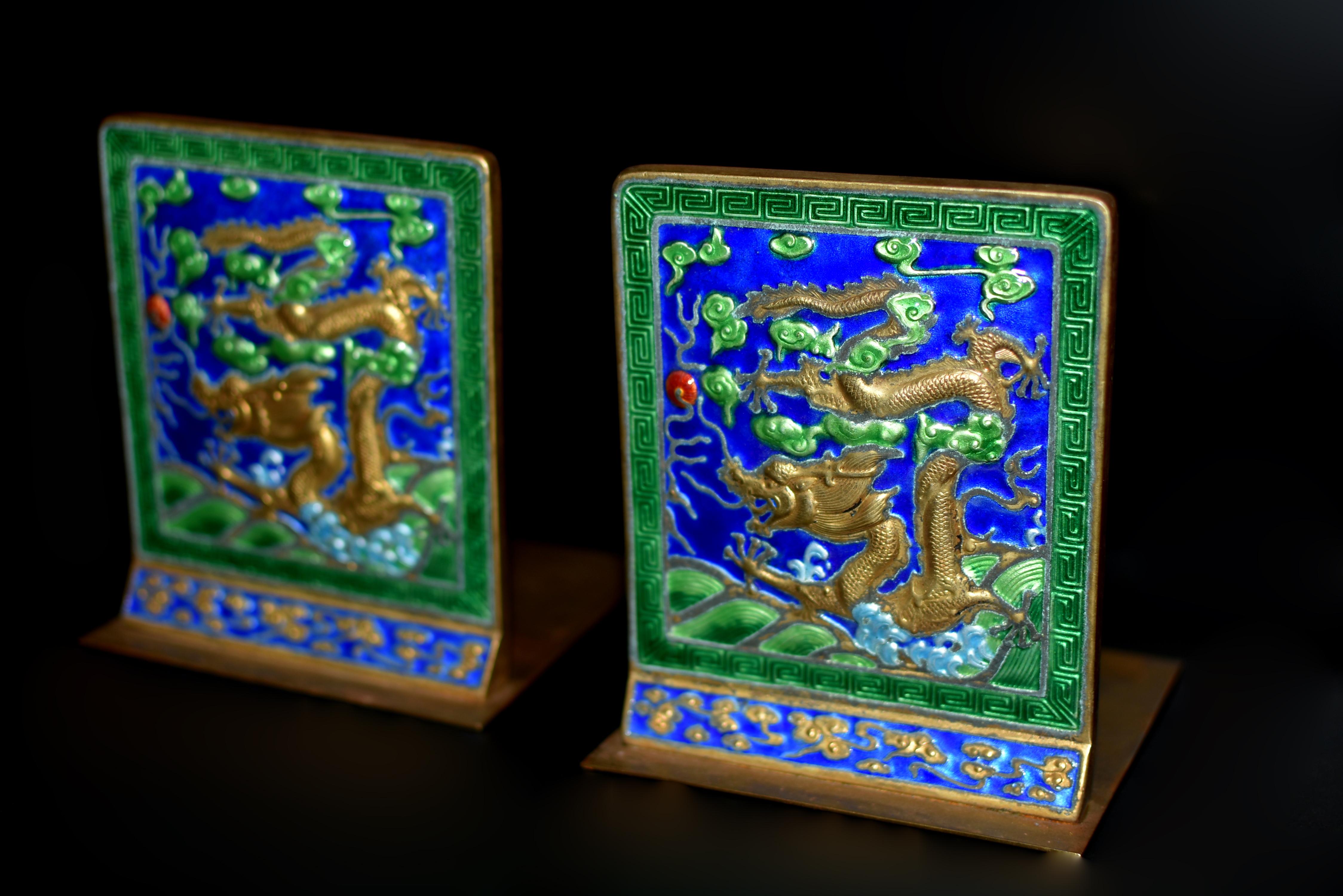 Vintage Chinese Enamel Dragon Bookends For Sale 4