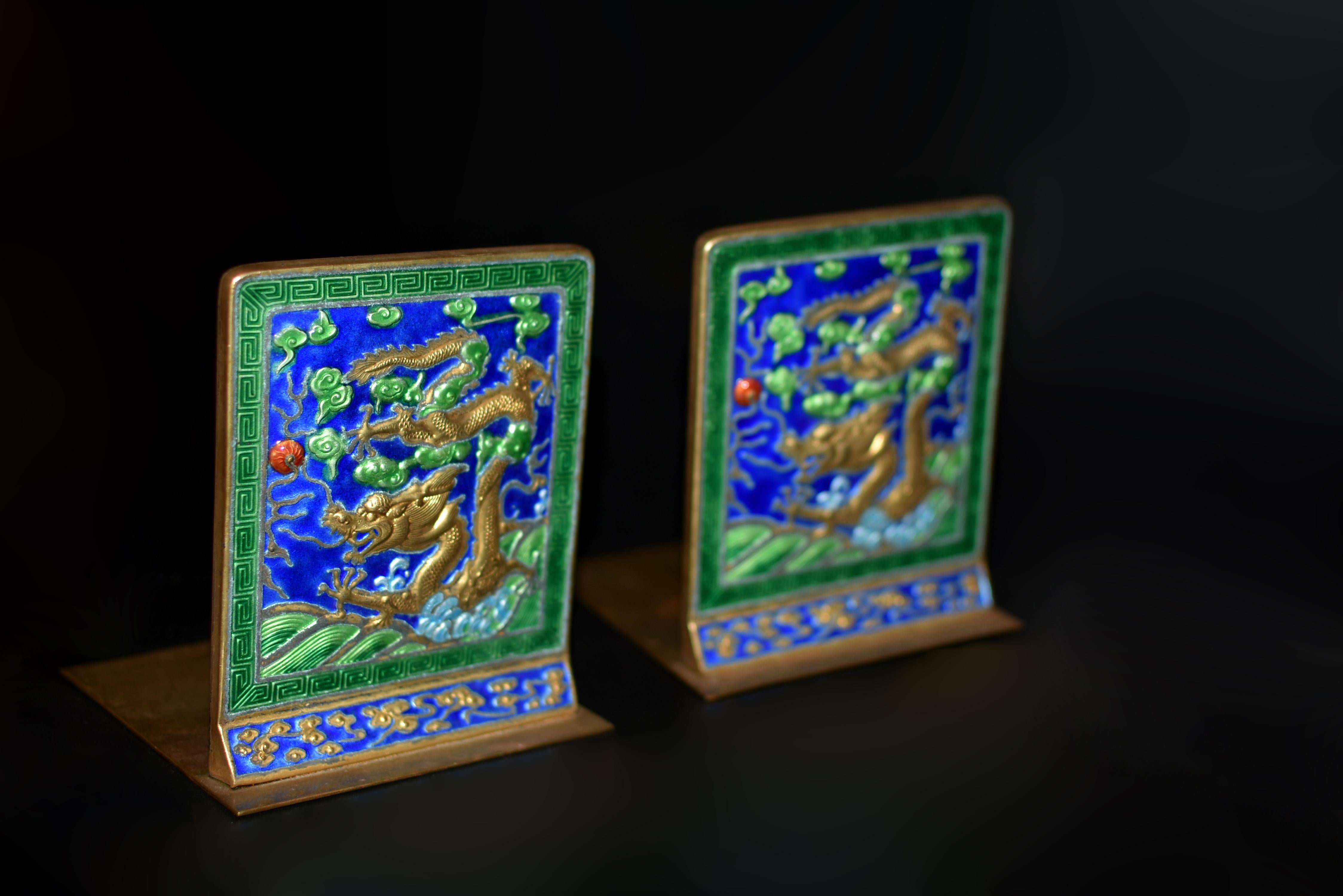 20th Century Vintage Chinese Enamel Dragon Bookends For Sale