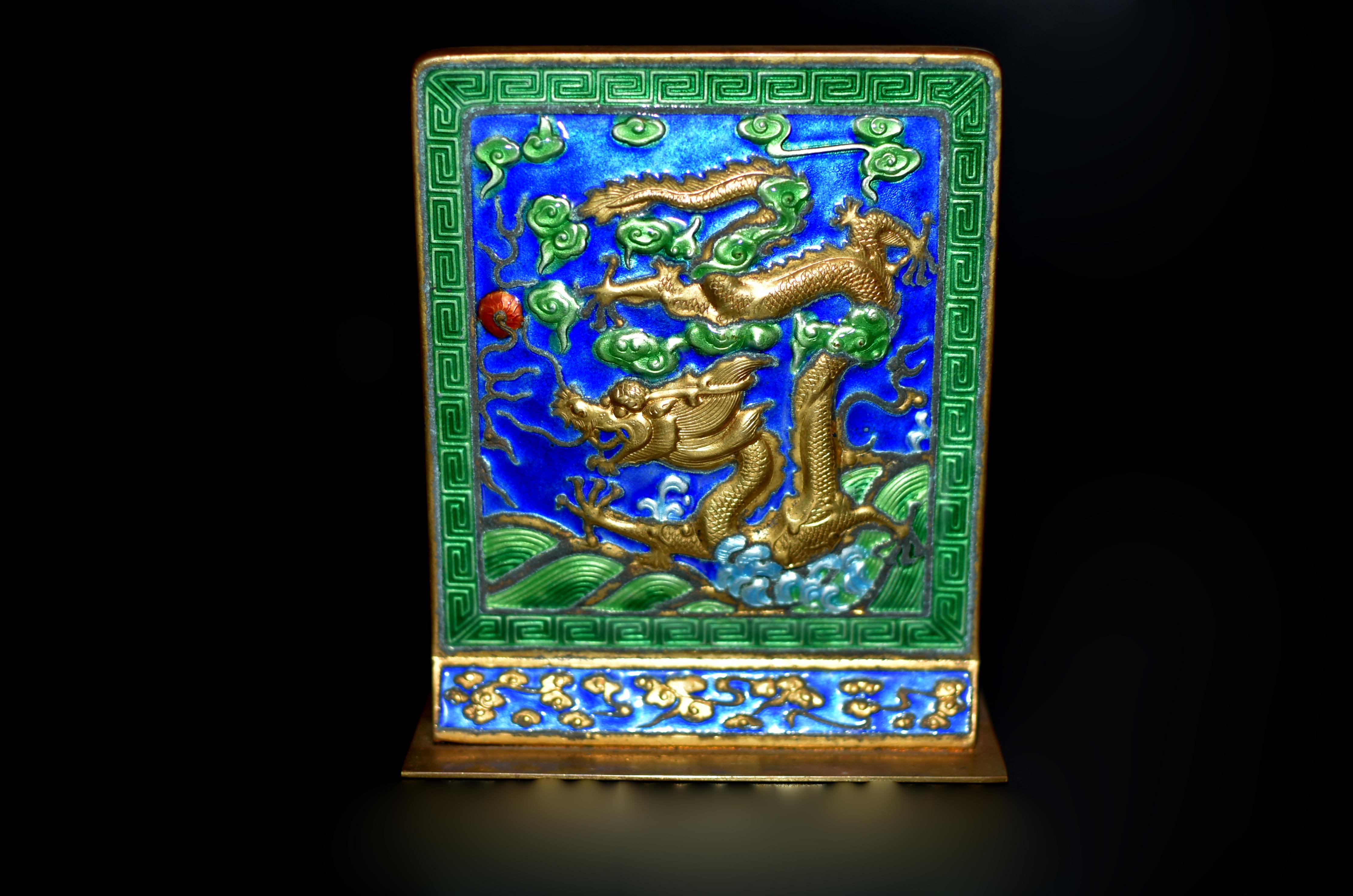 Brass Vintage Chinese Enamel Dragon Bookends For Sale