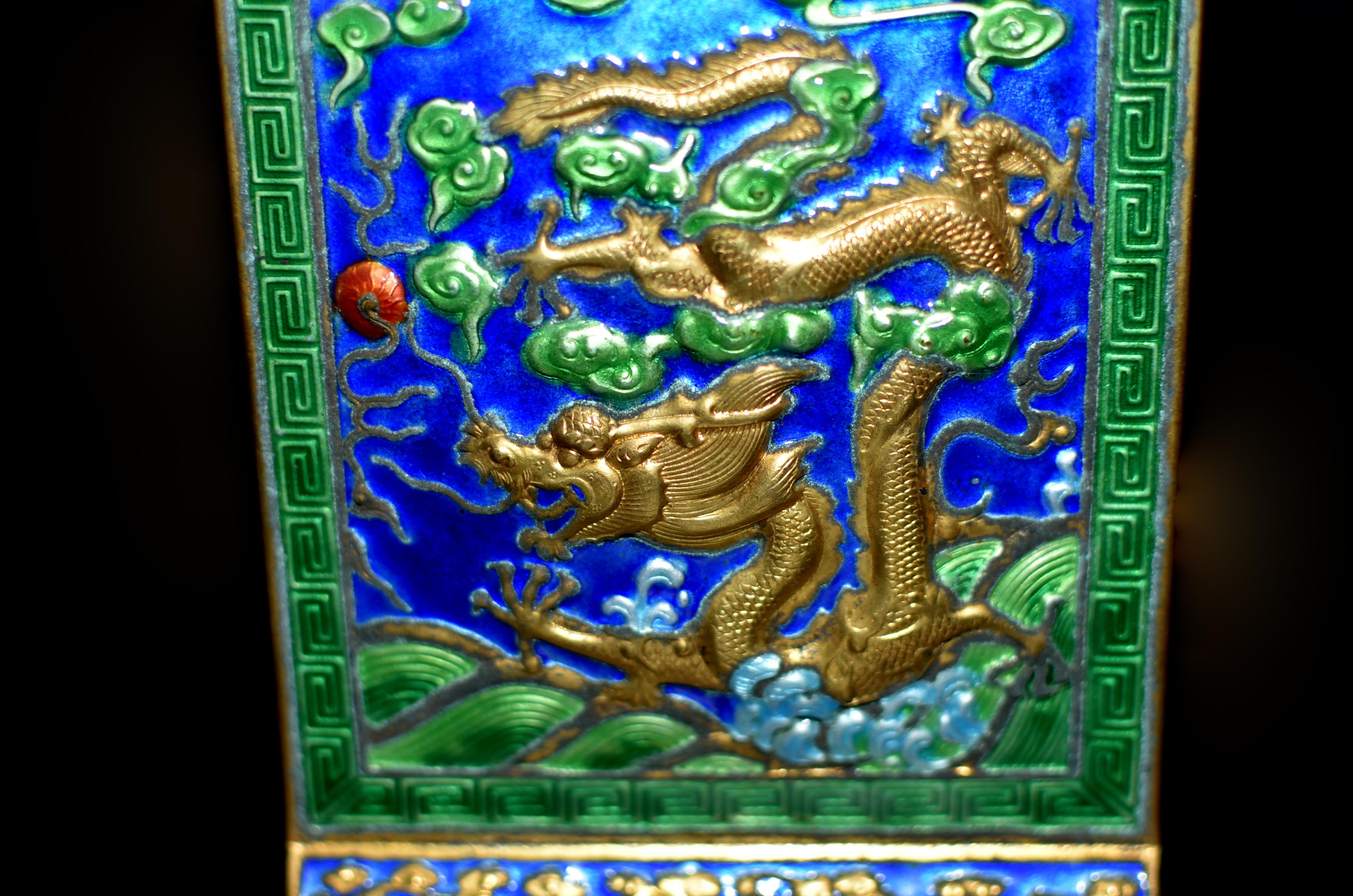 Vintage Chinese Enamel Dragon Bookends For Sale 1