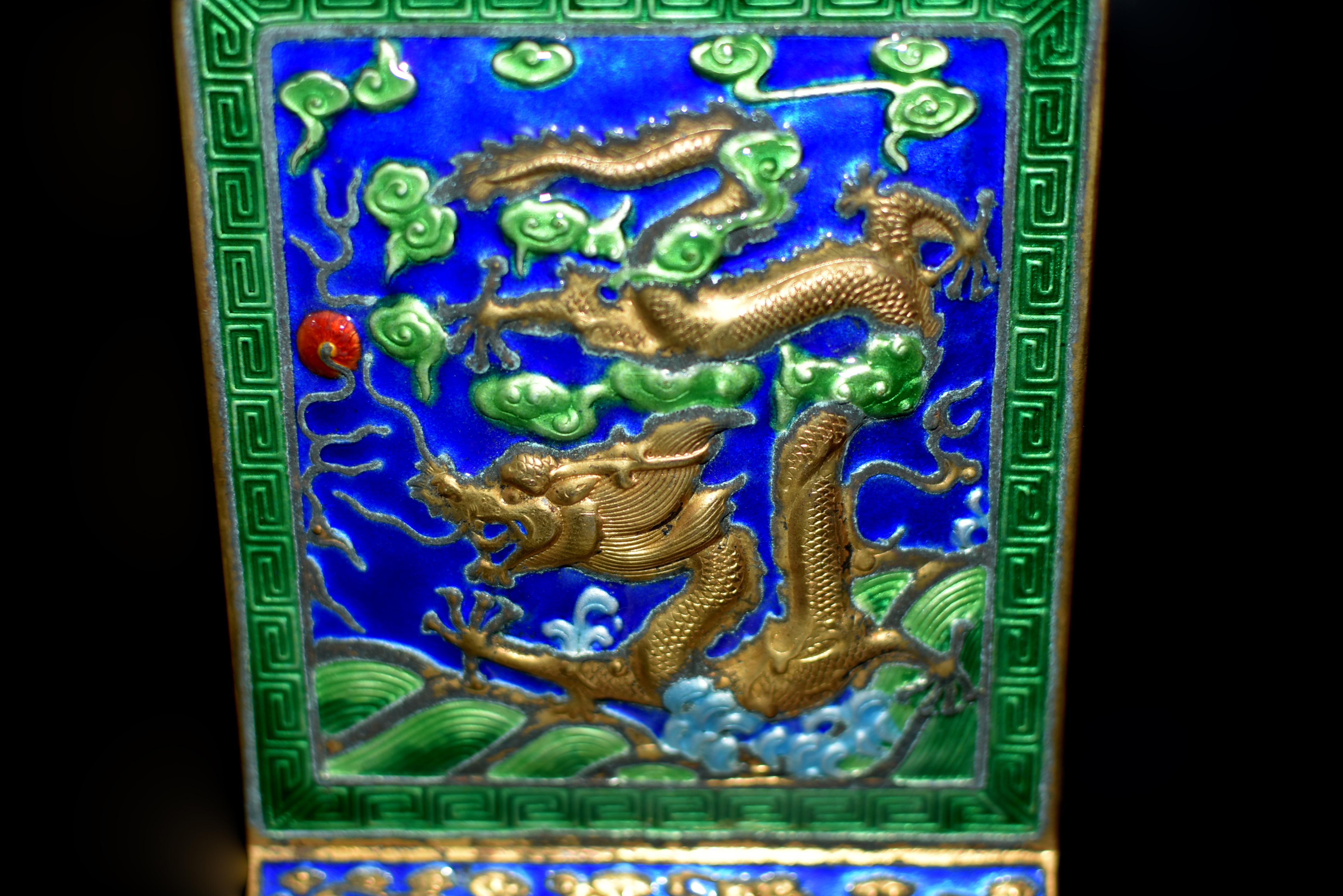 Vintage Chinese Enamel Dragon Bookends For Sale 2
