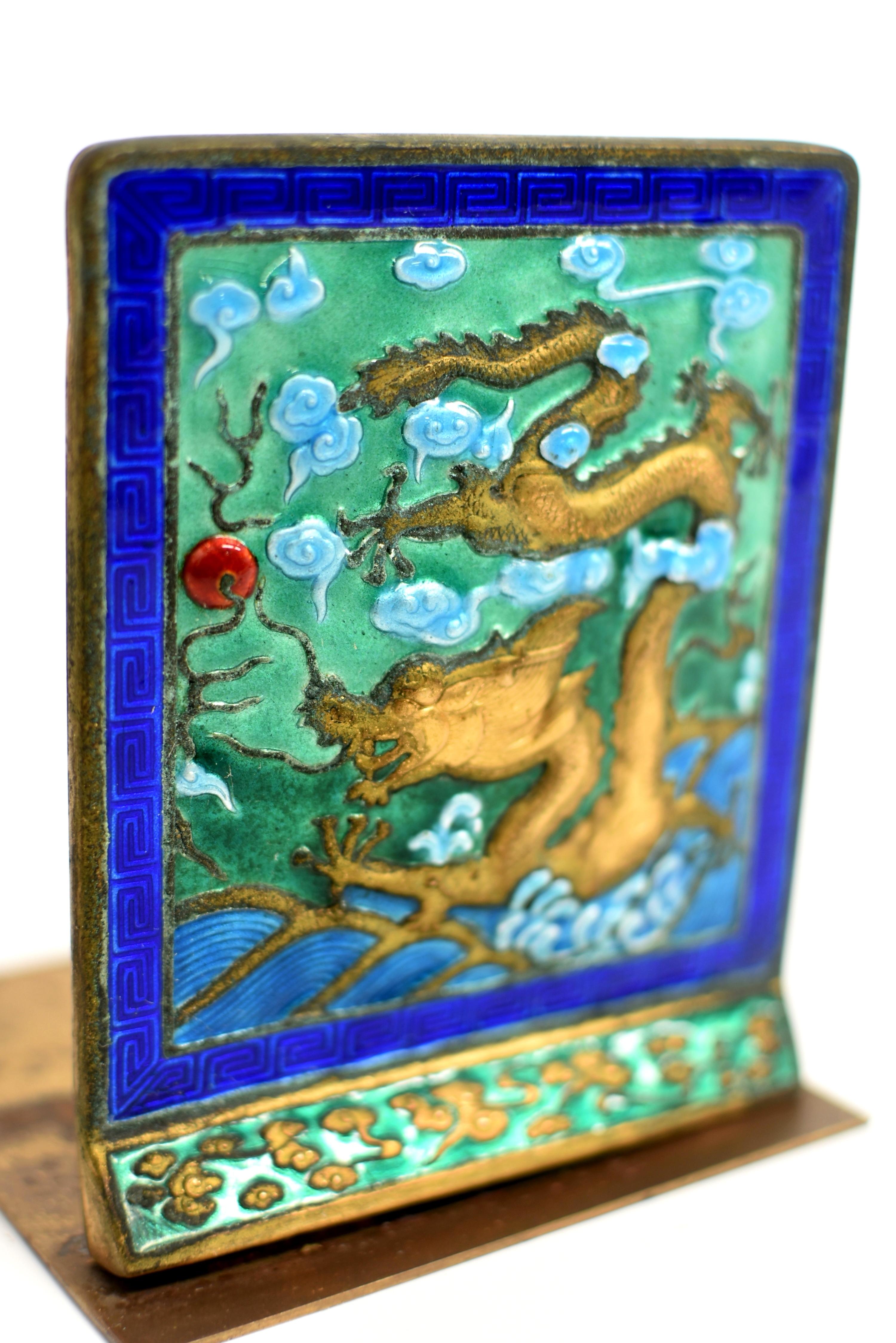 Vintage Chinese Enamel Dragon Bookends Pair 4