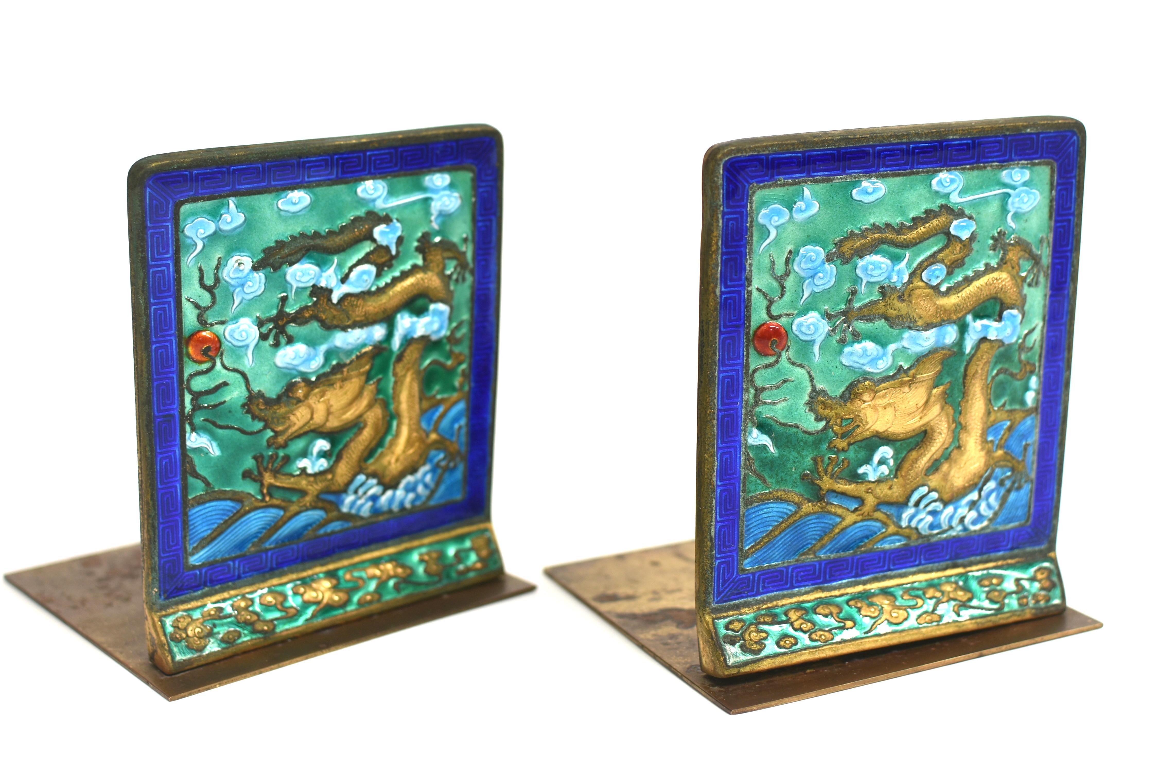 Vintage Chinese Enamel Dragon Bookends Pair 6
