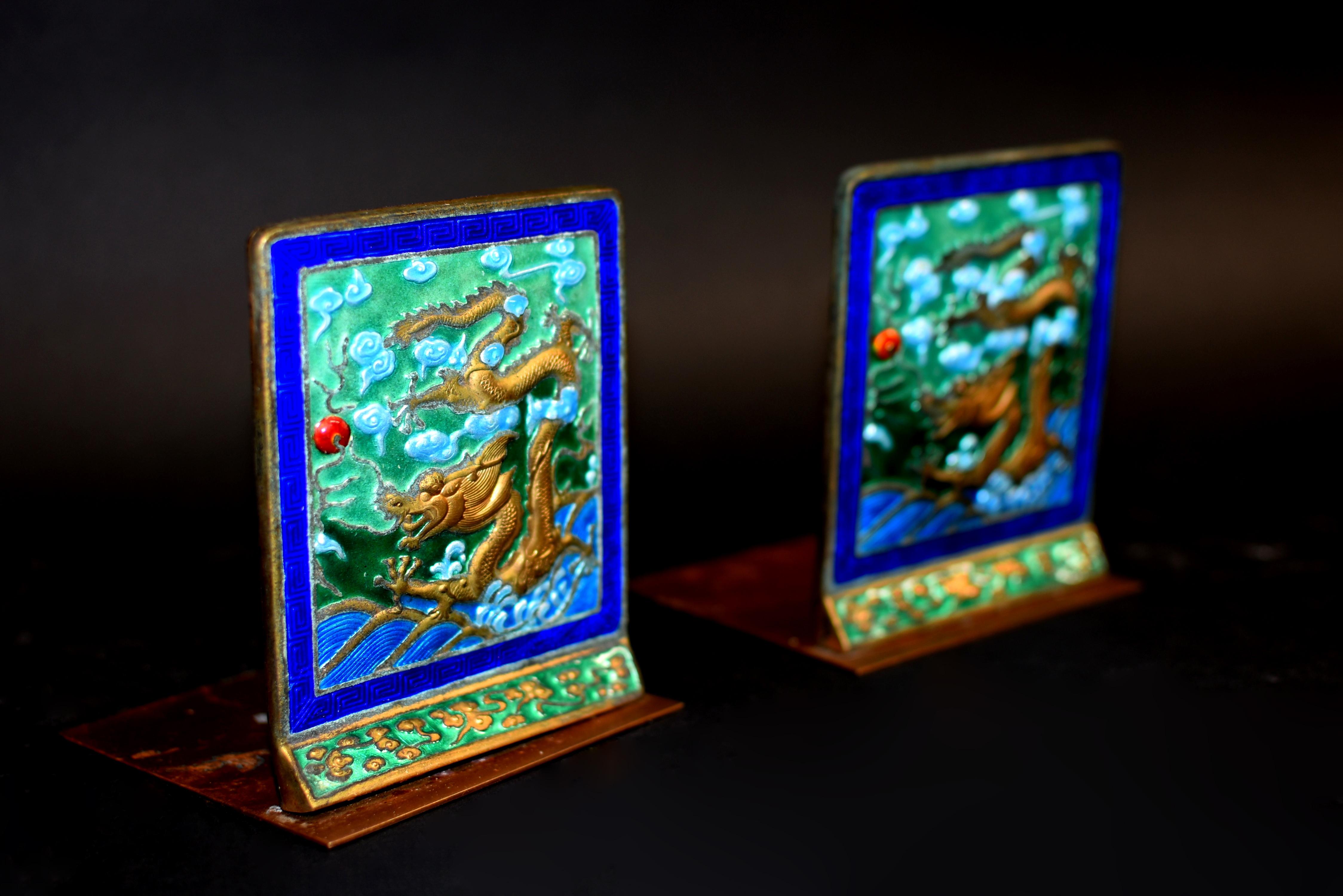Vintage Chinese Enamel Dragon Bookends Pair 7