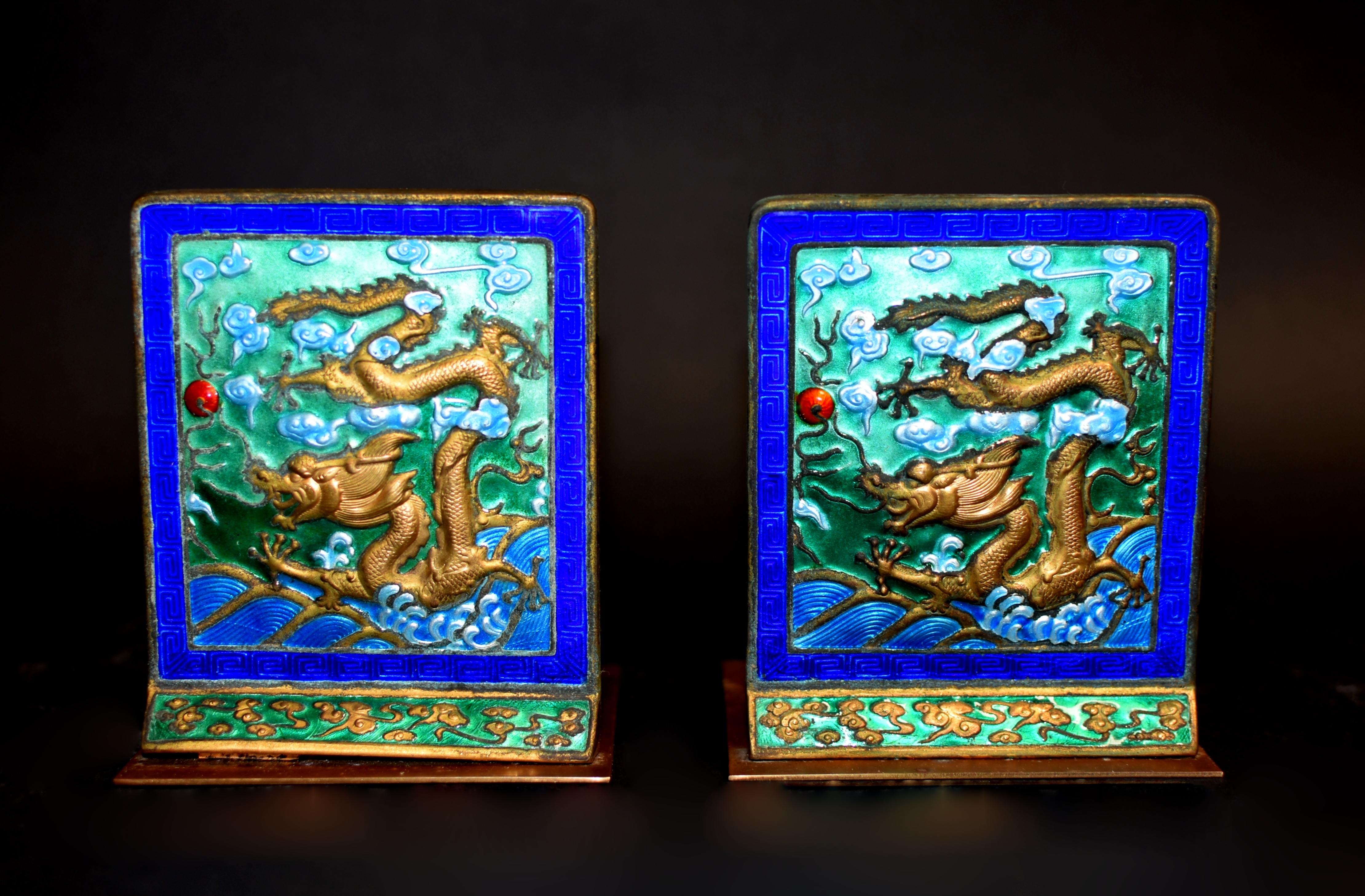 Vintage Chinese Enamel Dragon Bookends Pair 8
