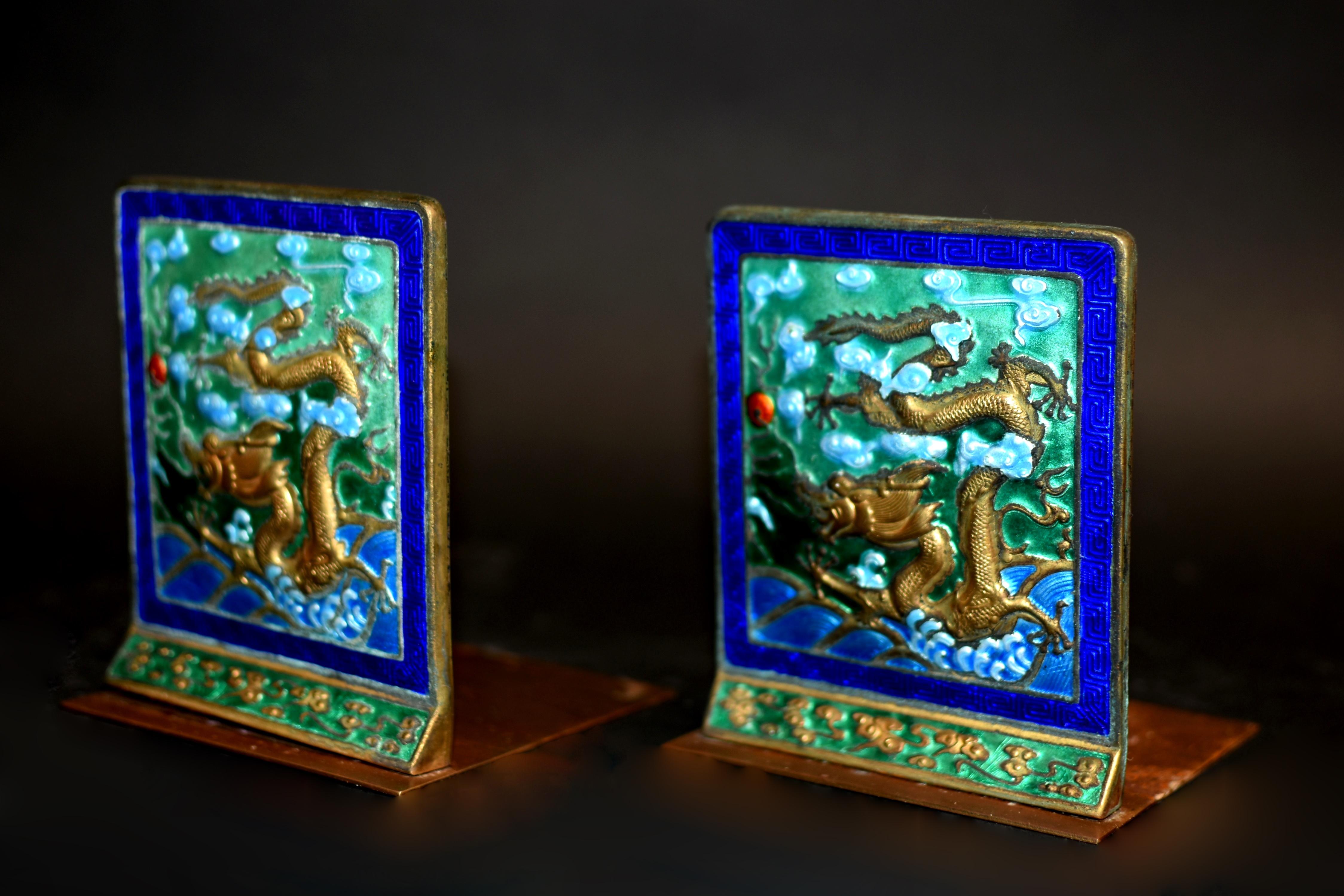 Vintage Chinese Enamel Dragon Bookends Pair 9