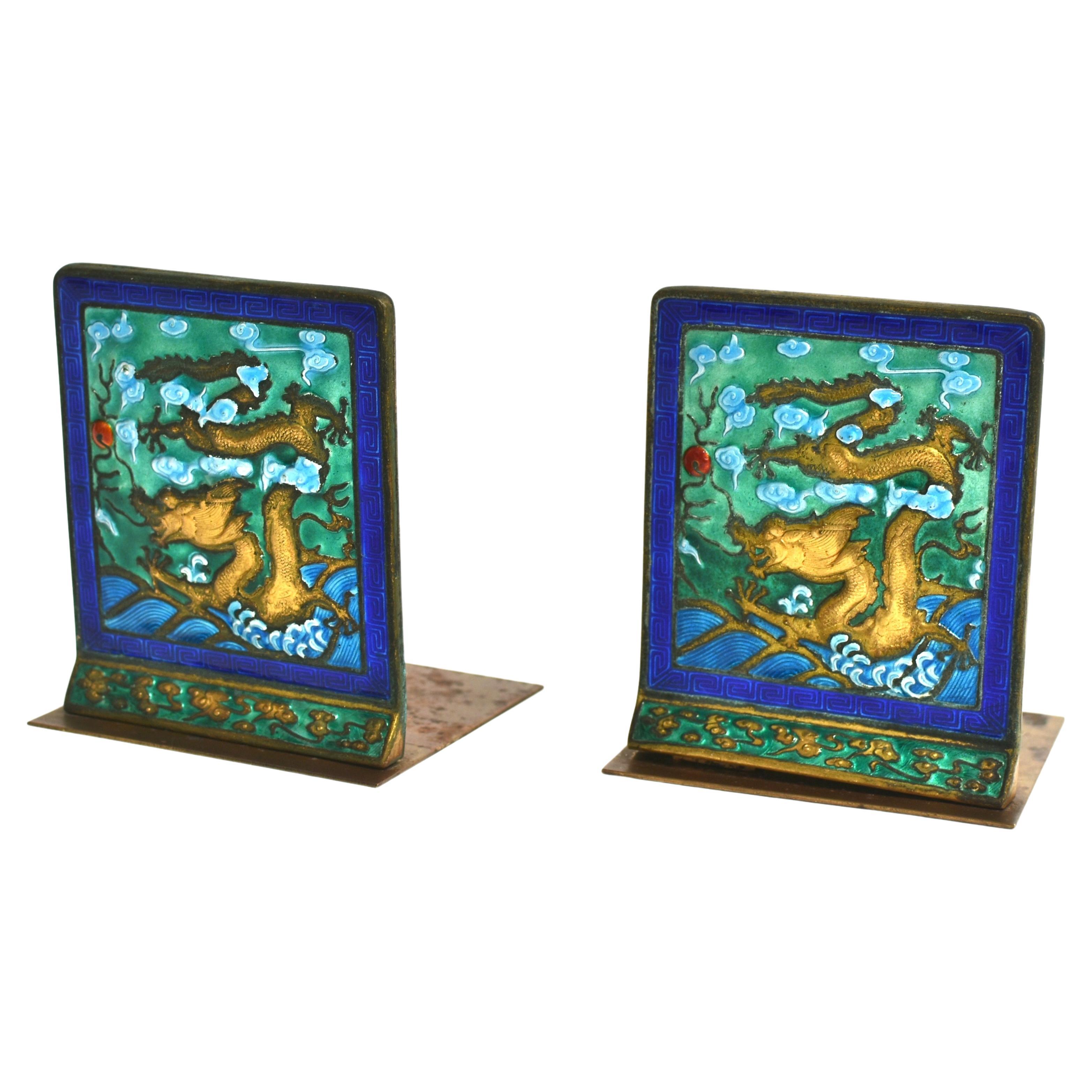 Hand-Crafted Vintage Chinese Enamel Dragon Bookends Pair