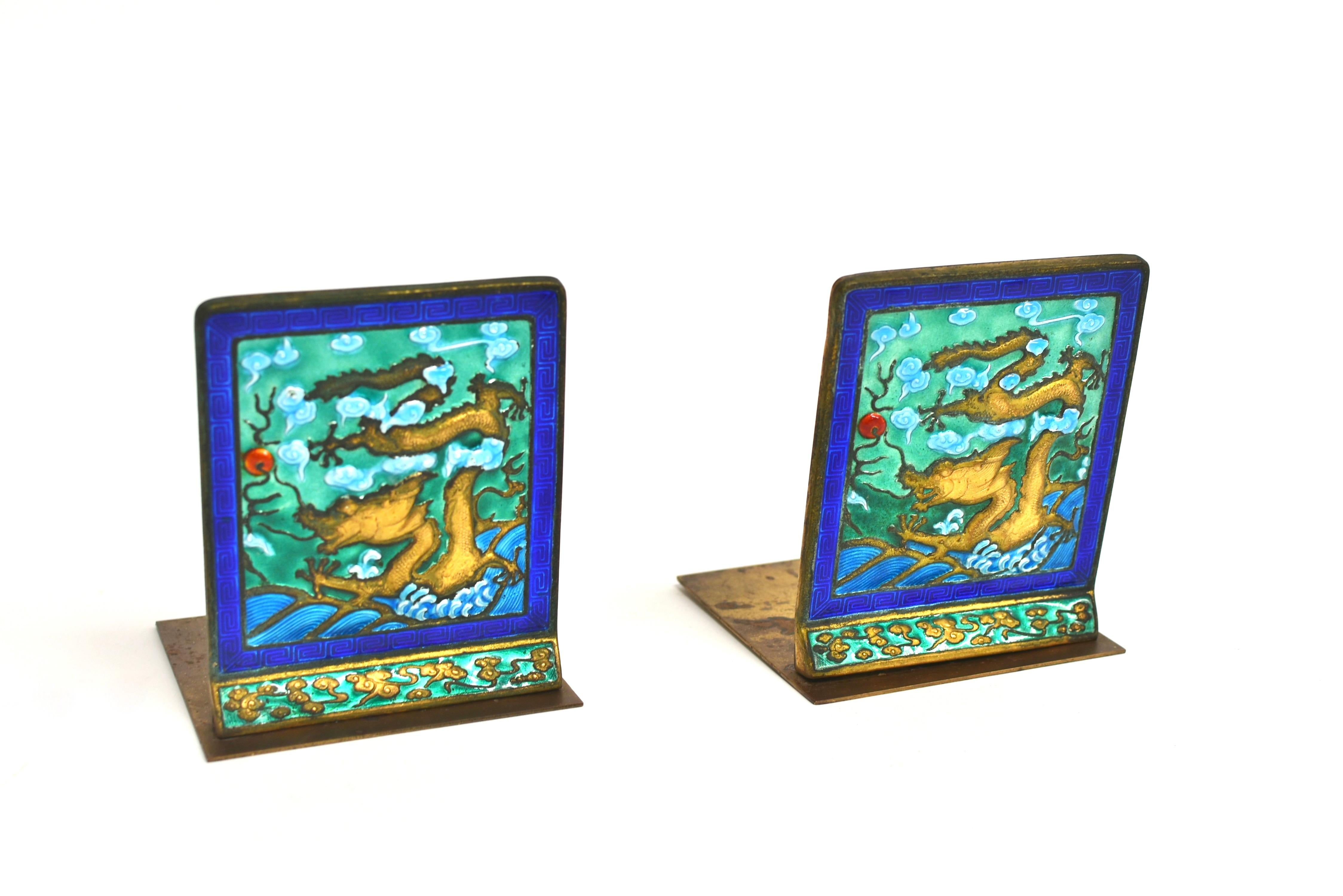 Vintage Chinese Enamel Dragon Bookends Pair In Good Condition In Somis, CA