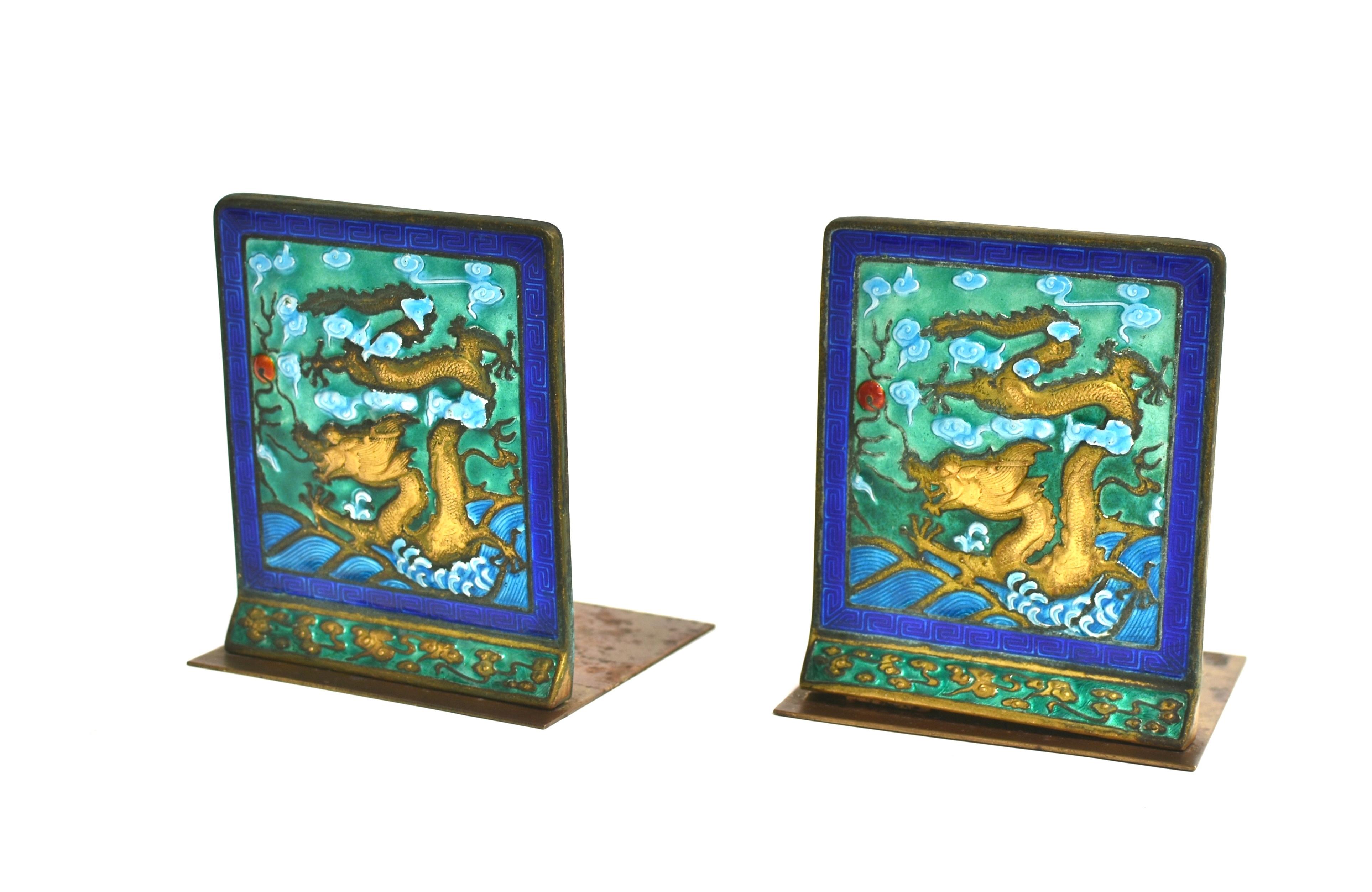 20th Century Vintage Chinese Enamel Dragon Bookends Pair