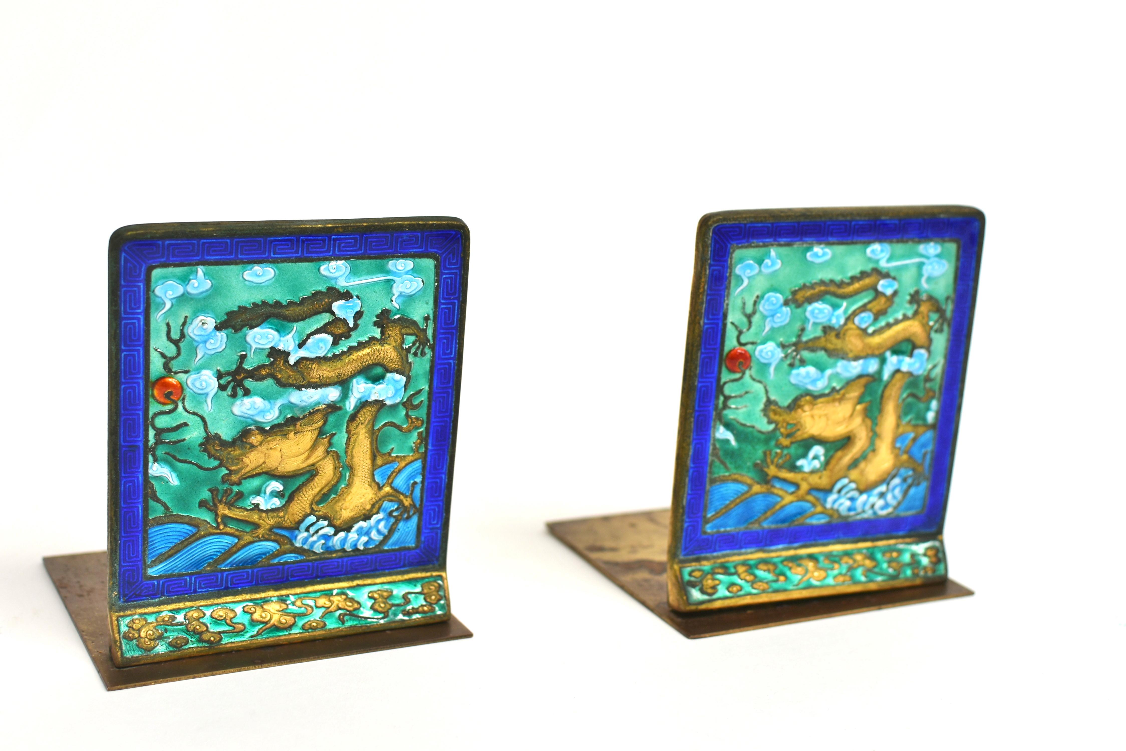 Brass Vintage Chinese Enamel Dragon Bookends Pair