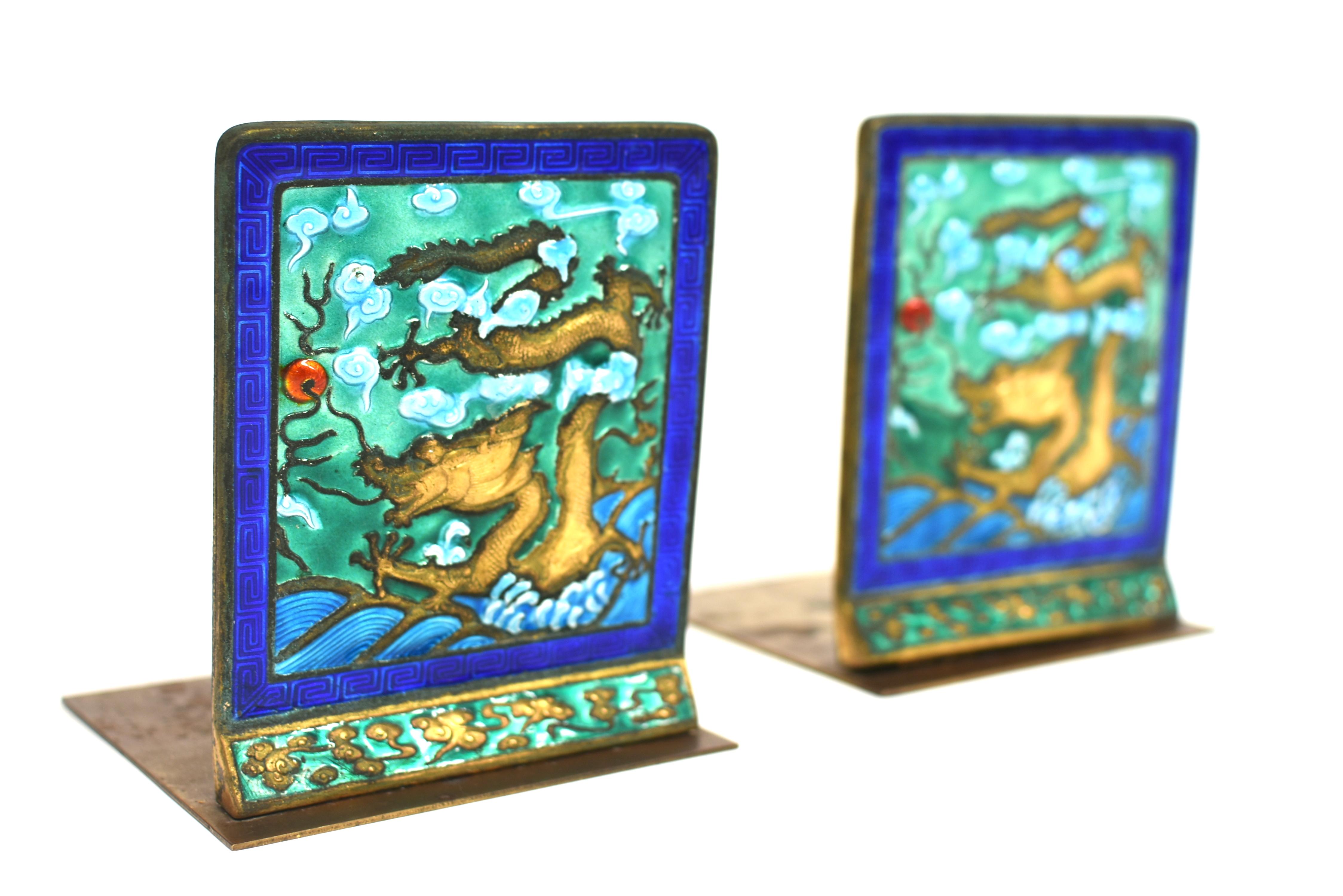 Vintage Chinese Enamel Dragon Bookends Pair 1