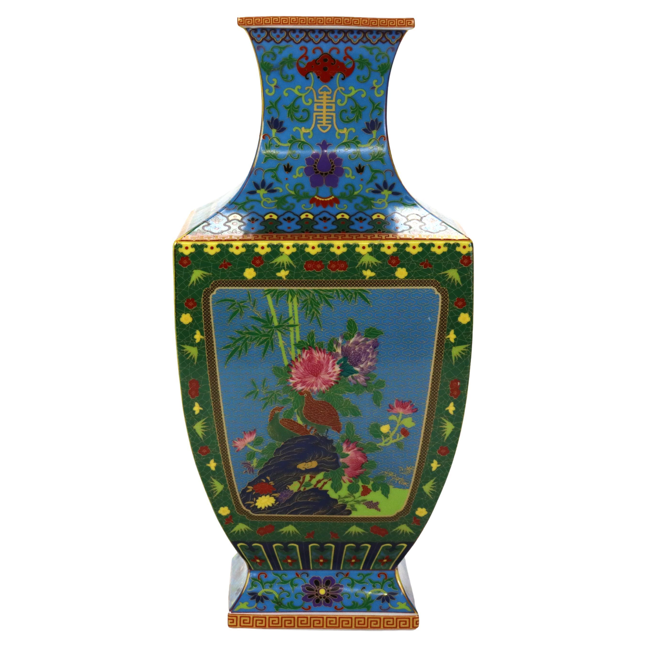 Vintage Chinese Enameled Porcelain Garden Vase with Floral Pattern Signed 20thC