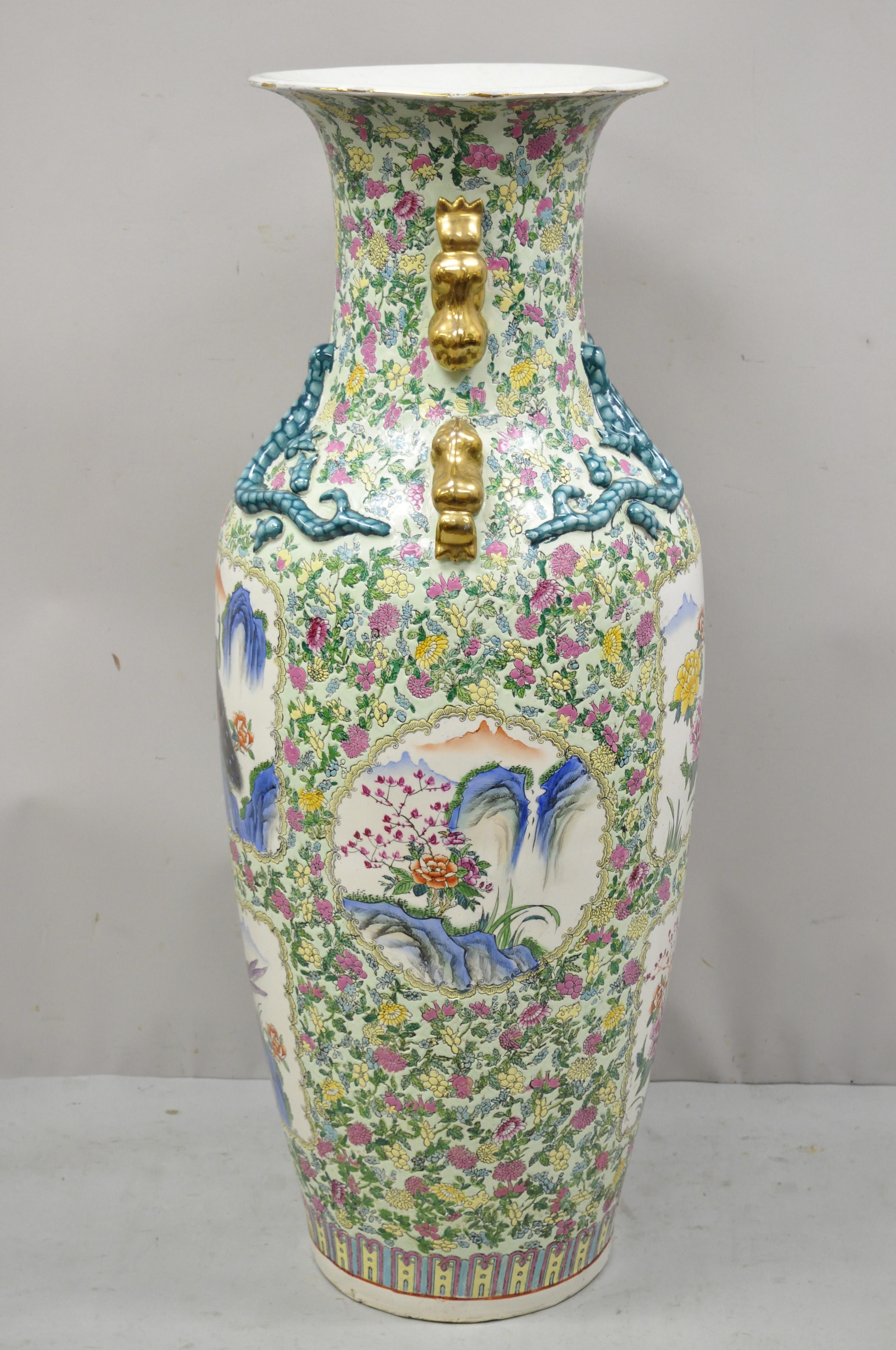 Vintage Chinese Export Large Peacock Rose Medallion Porcelain Palace Urn Vase For Sale 1
