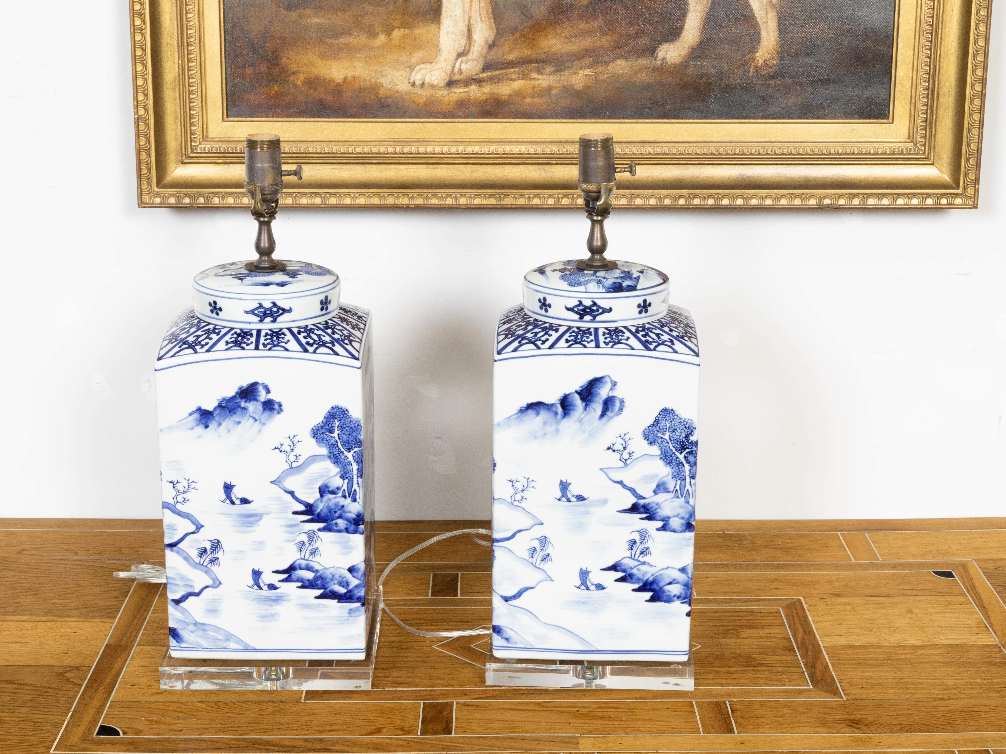 Hand-Painted Chinese Export Blue and White Porcelain Jars Made into Wired Table Lamps For Sale