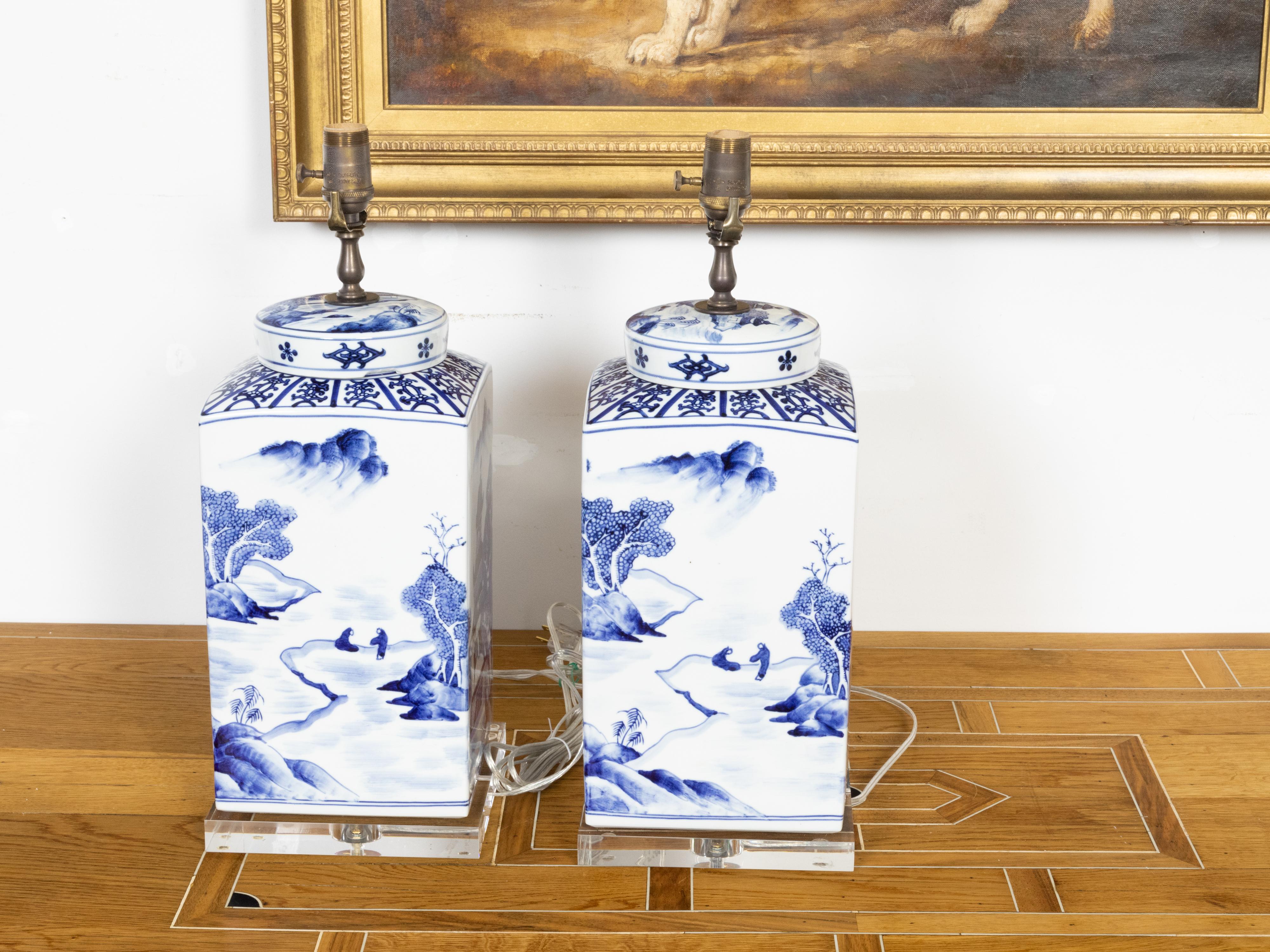 Contemporary Chinese Export Blue and White Porcelain Jars Made into Wired Table Lamps For Sale