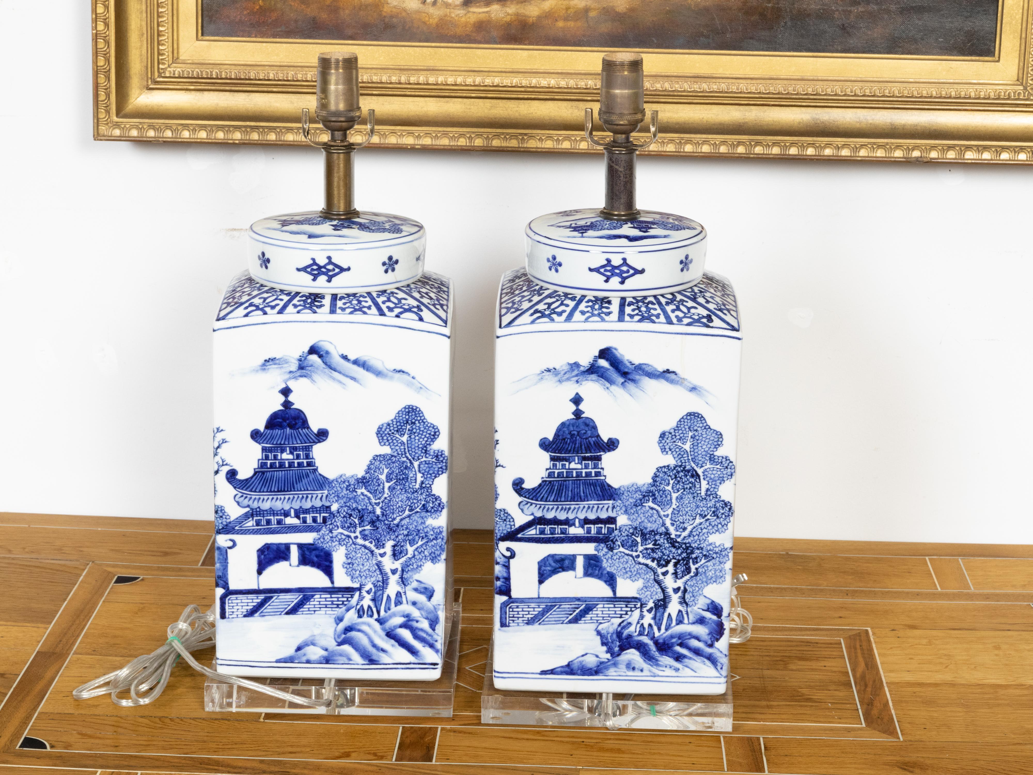 Contemporary Chinese Export Blue and White Porcelain Jars Made into Wired Table Lamps For Sale