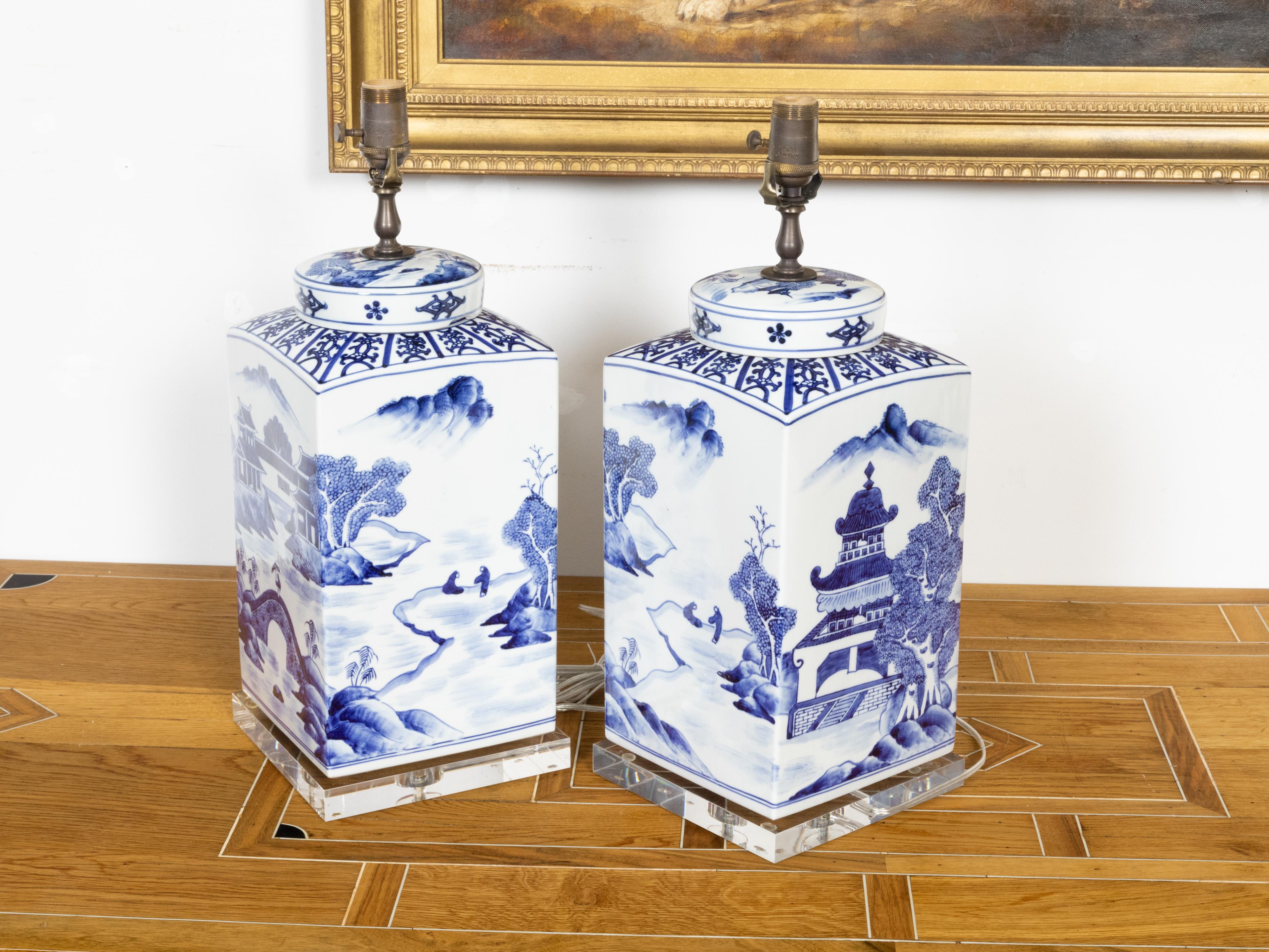 Brass Chinese Export Blue and White Porcelain Jars Made into Wired Table Lamps For Sale