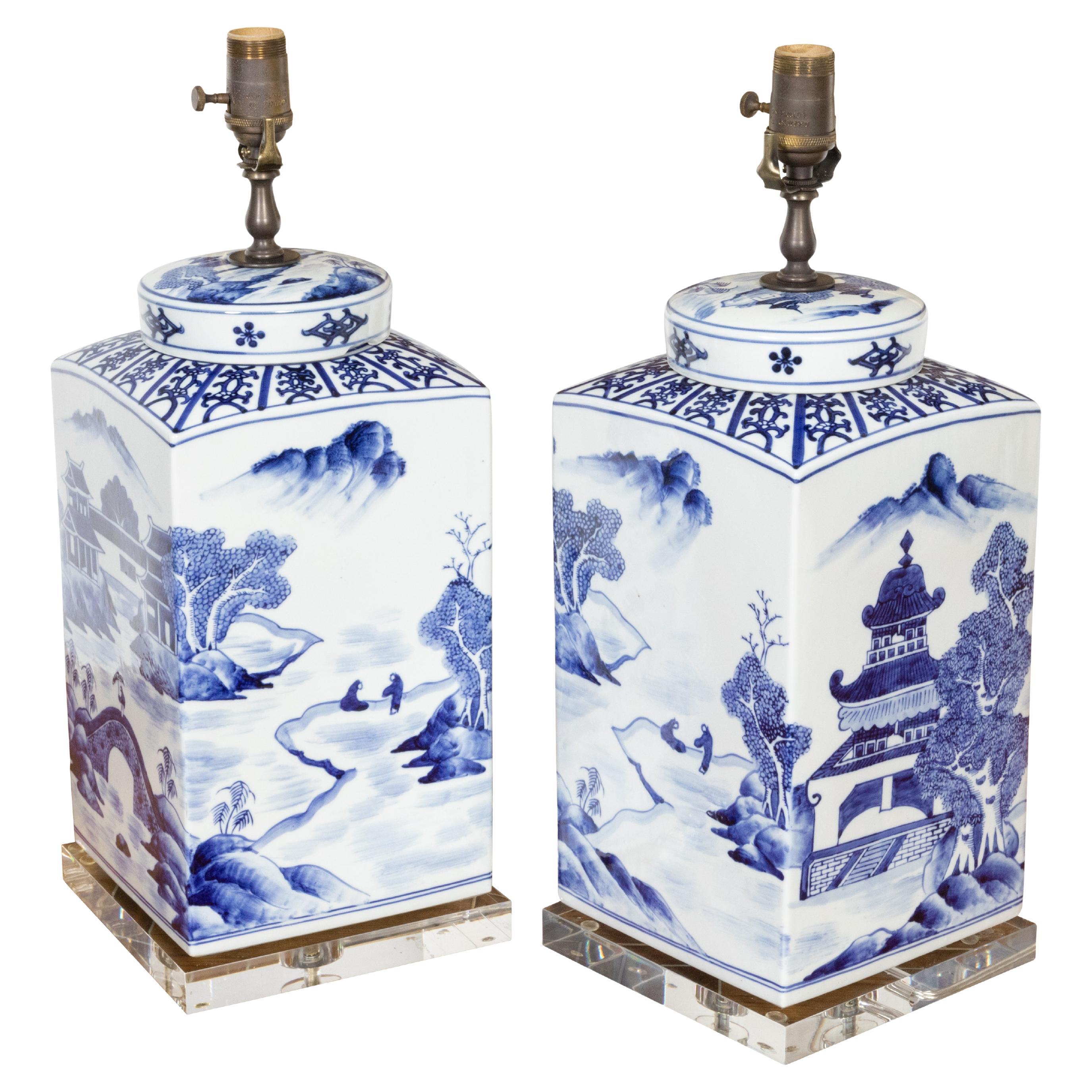 Chinese Export Blue and White Porcelain Jars Made into Wired Table Lamps For Sale