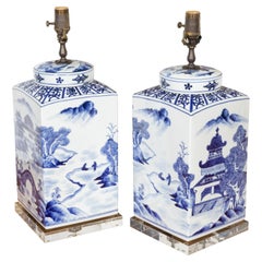 Antique Chinese Export Blue and White Porcelain Jars Made into Wired Table Lamps