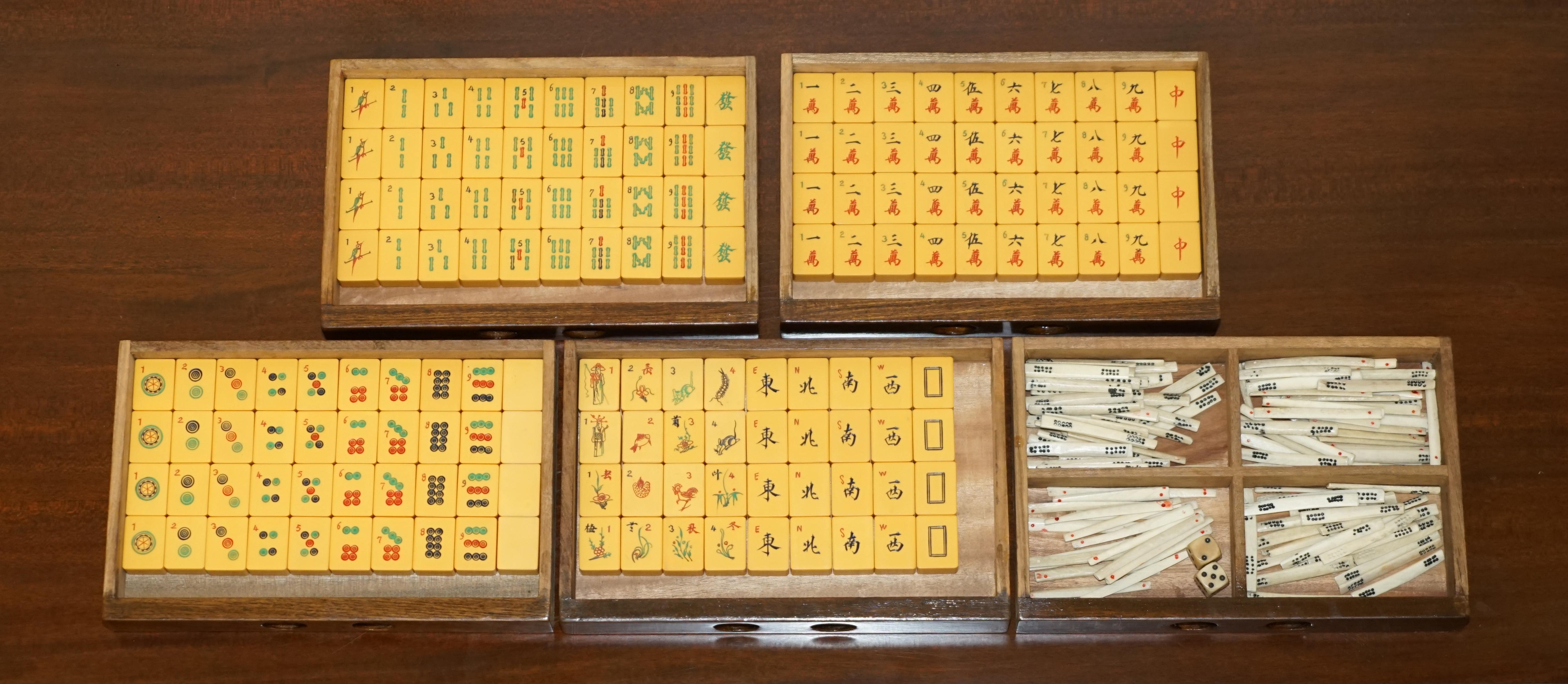 Hand-Crafted Vintage Chinese Export circa 1940s Mahjong Set with Bakelite Tiles Carved Case