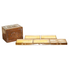 Vintage Chinese Export circa 1940s Mahjong Set with Bakelite Tiles Carved Case