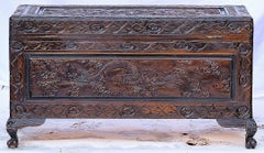 Vintage Chinese Export Claw and Ball Chest Trunk Box with Dragon Rural Scenes