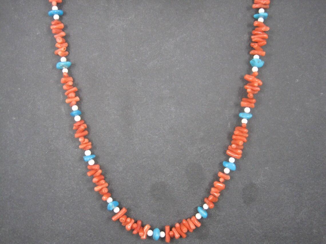 Late Victorian Vintage Chinese Export Coral Turquoise Necklace 30 Inches For Sale