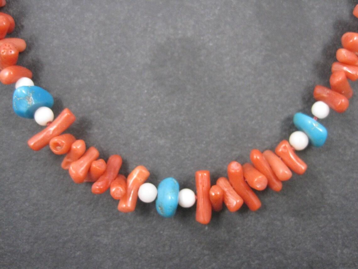 Bead Vintage Chinese Export Coral Turquoise Necklace 30 Inches For Sale