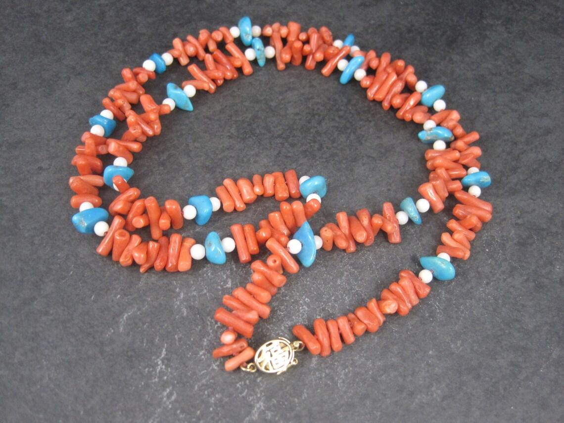 Women's Vintage Chinese Export Coral Turquoise Necklace 30 Inches For Sale