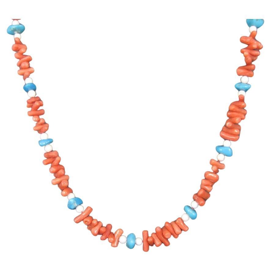 Vintage Chinese Export Coral Turquoise Necklace 30 Inches For Sale
