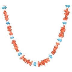 Retro Chinese Export Coral Turquoise Necklace 30 Inches