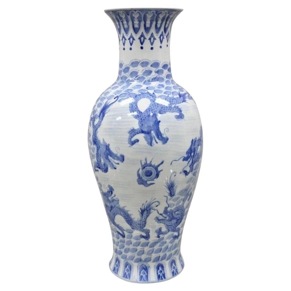 Vintage Chinese Export Delf Style Blue and White Porcelain 25" Tall Dragon Vase