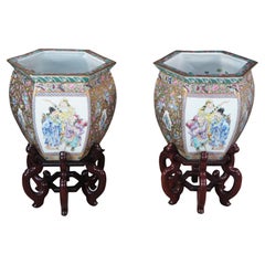 Vintage chino de exportación Famille Rose Koi pecera Jardineras Jardineras Stand 28"