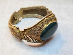 Vintage Chinese Export Filigree Gilded Silver Bracelet With Bloodstone Cabochon