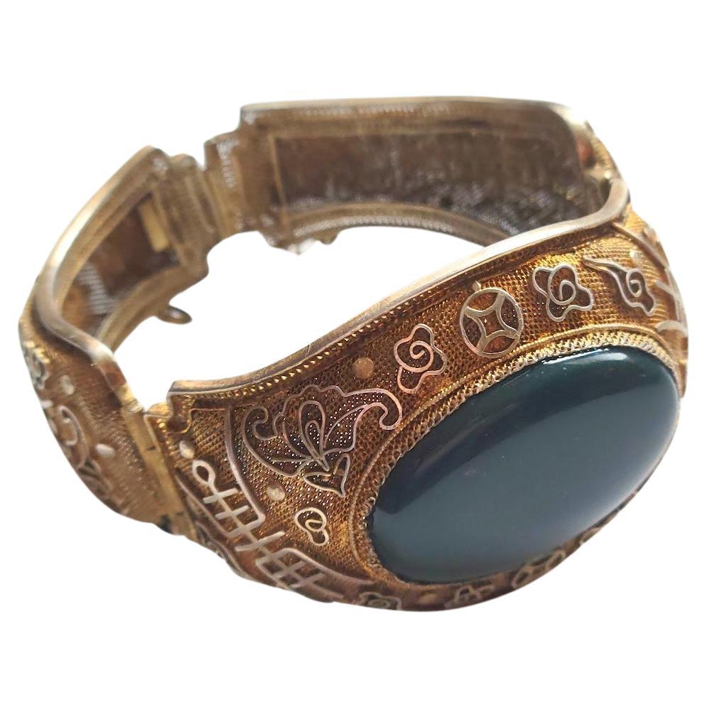 Vintage Chinese Export Filigree Gilded Silver Bracelet With Bloodstone Cabochon For Sale