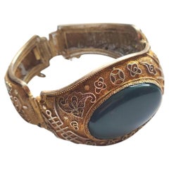 Vintage Chinese Export Filigree Gilded Silver Bracelet With Bloodstone Cabochon