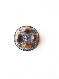Vintage Chinese Export Filigree Silver Gilt Tiger Eye and Enamel Brooch
