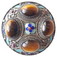 Antique Chinese Export Filigree Silver Gilt Tiger Eye and Enamel Brooch
