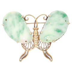 Vintage Chinese Export Gilt Silver & Jade Figural Butterfly Brooch