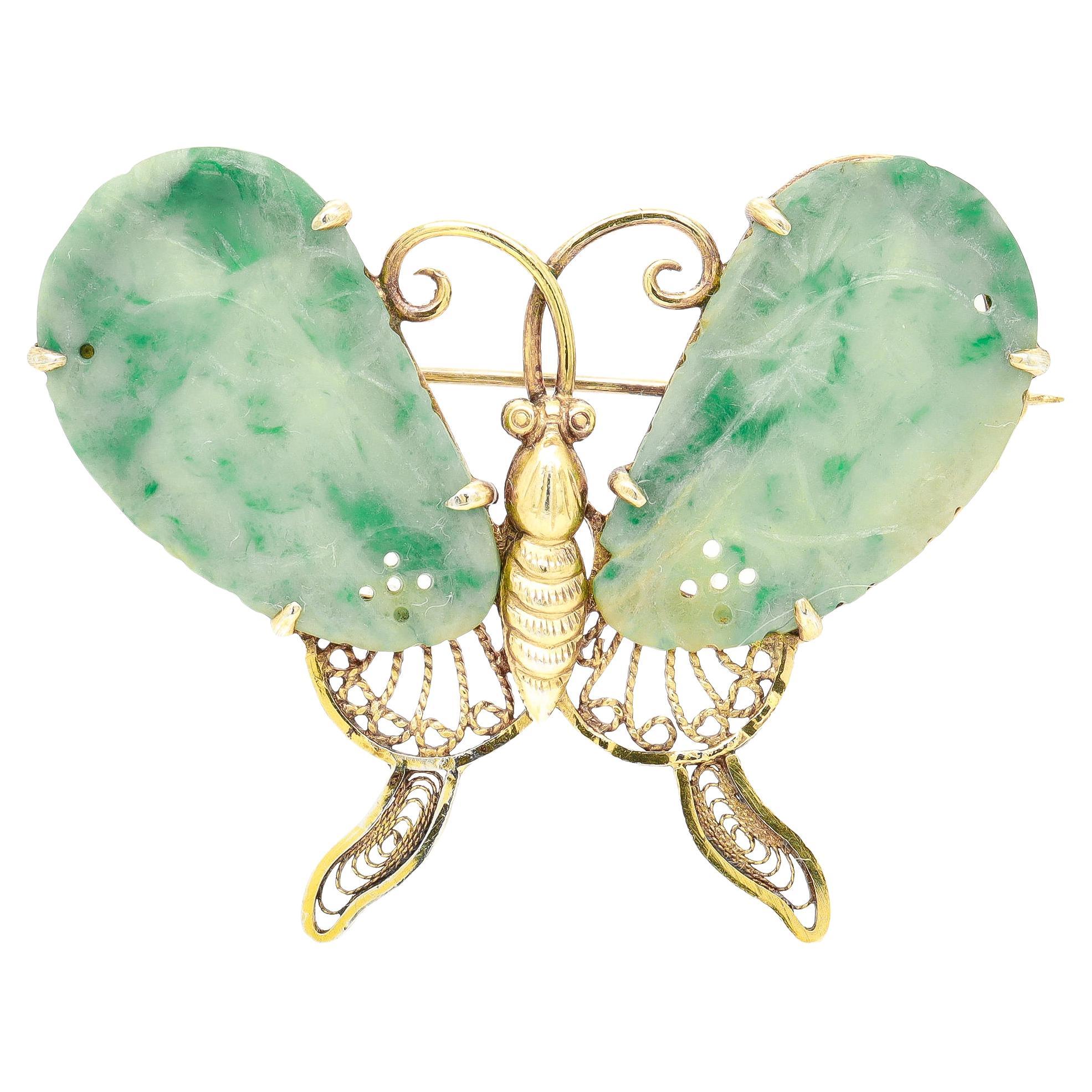 Vintage Chinese Export Gilt Silver & Jade Figural Butterfly Brooch