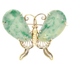 Vintage Chinese Export Gilt Silver & Jade Figural Butterfly Brooch