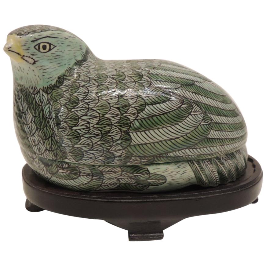 Vintage Chinese Export Hand-Painted Black and Green Ceramic Quail