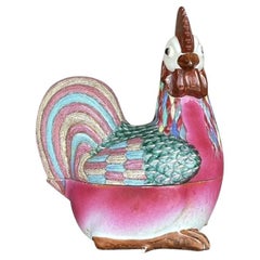 Boîte à couvercle pour poulet en céramique polychrome d'exportation chinoise vintage